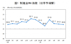 统计局：6月中国制造业采购经理指数为50.9% 较上月微落0.1%